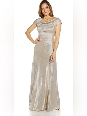 Adrianna Papell Metallic Champagne Floor-Length Cowl Neck Gown
